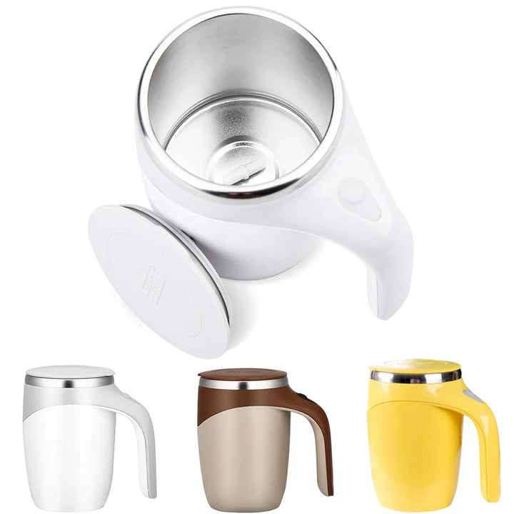 Travel-friendly self-stirring mug for coffee, milk, and protein shakes, stainless steel design