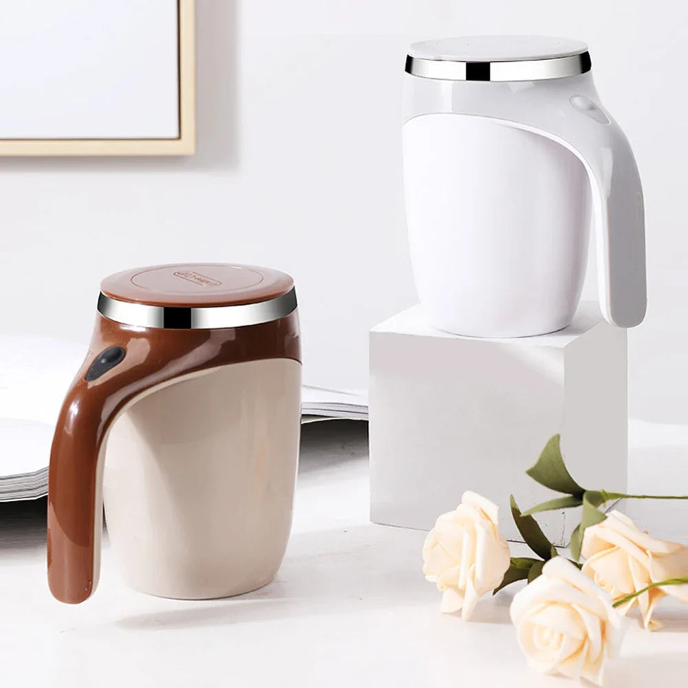 Magnetic self-stirring stainless steel mug for easy coffee and milk preparation