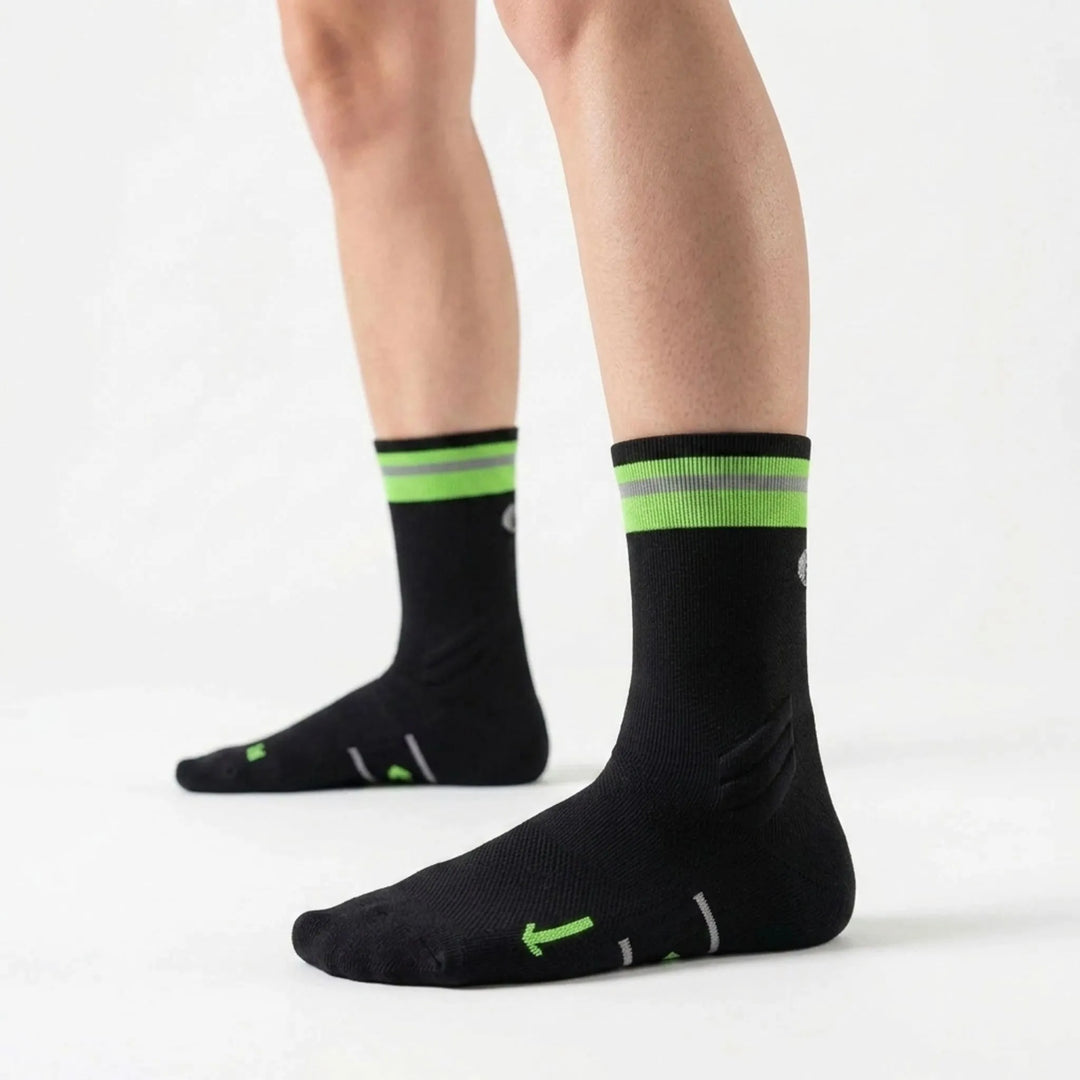Close-up of breathable unisex mid-calf compression socks, ideal for active performance and training.