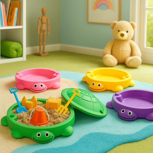 Unisex Mini Turtle Sensory Sandbox with green shell, lid, and tools for kids' imaginative play.