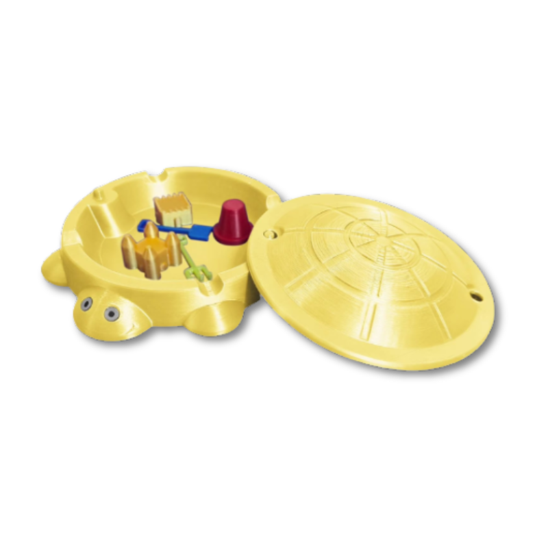 Mini Turtle Sensory Sandbox set with lid, rake, shovel, and sand, ready for kids' activity & fun.