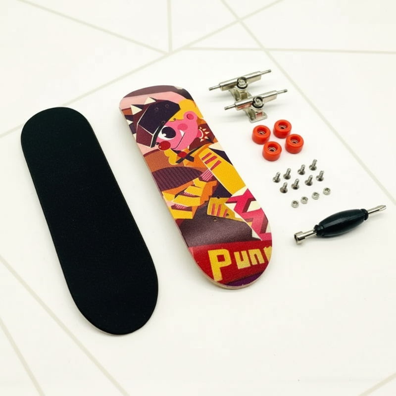 Close-up of a mini skateboard fingerboard, showcasing its durable wooden design