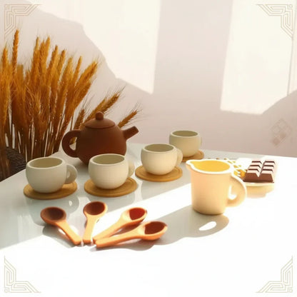 Colorful silicone MiniBrew tea set: teapot, cups, and saucers for kids' pretend play