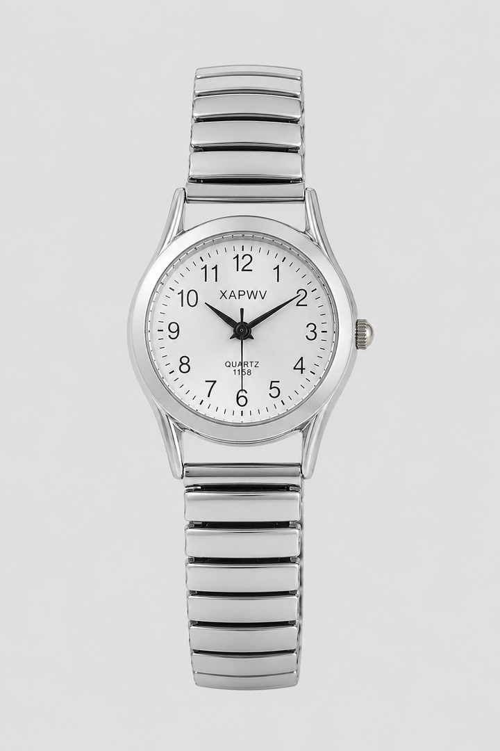 Unisex minimalist watch with easy-read dial & comfortable stainless steel expansion band for classic elegant style.