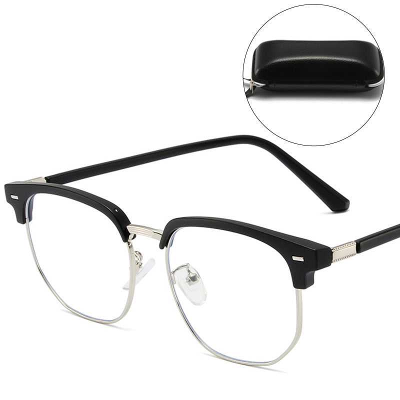 Modern half-rim blue light blocking glasses for computer and screen eye protection.