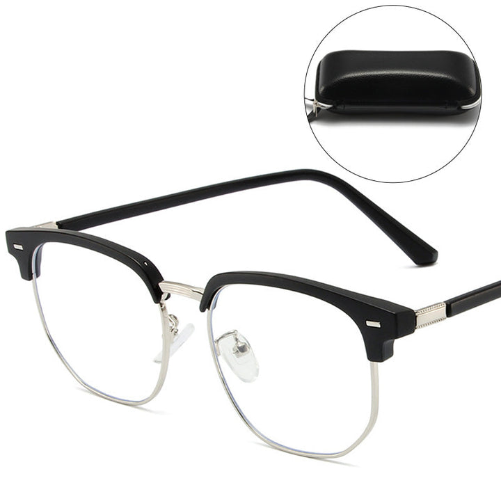 Modern half-rim blue light blocking glasses for computer and screen eye protection.