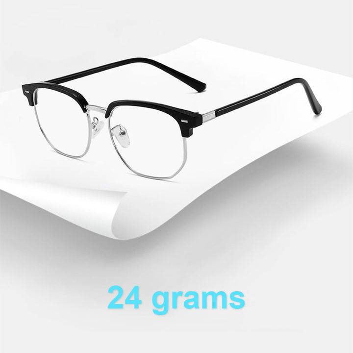 Sleek half-rim blue light glasses with anti-glare for extended computer use.