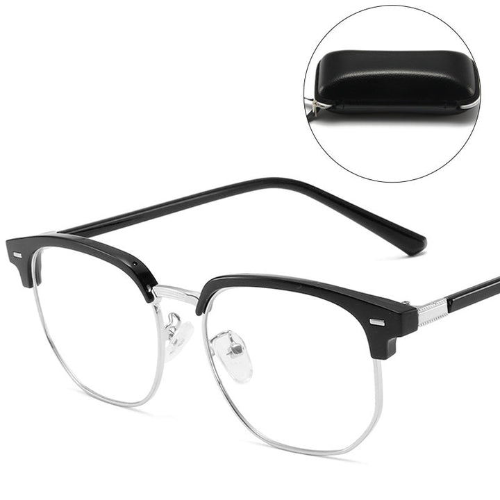 Stylish modern blue light blocking half-rim glasses, comfortable for digital work.
