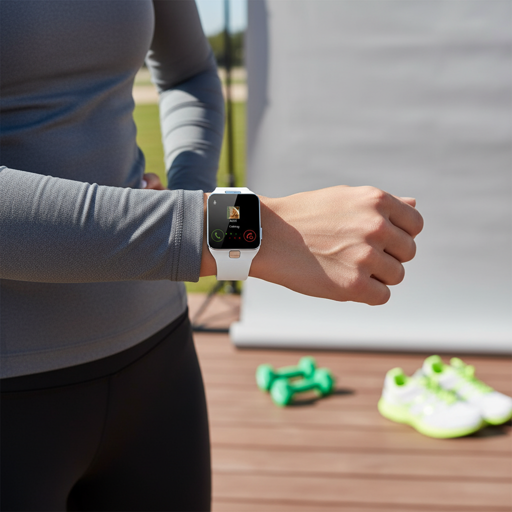 Unisex modern smartwatch with a clear rectangular display, a versatile wearable tech and digital wrist watch.