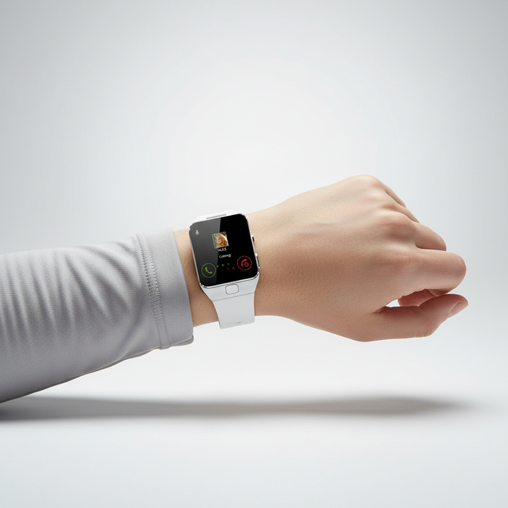 Close-up of a modern unisex smartwatch, its rectangular display showing fitness data. A smart tech accessory.