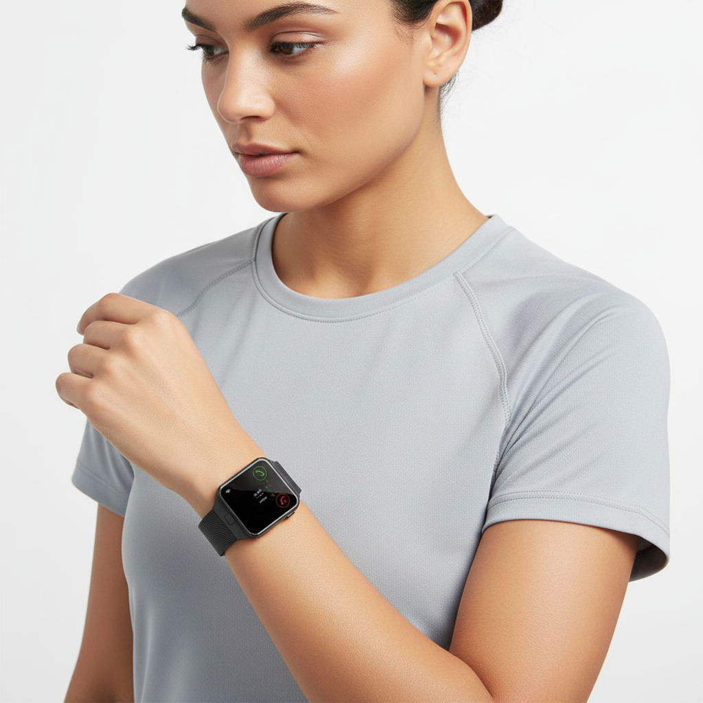 Stylish black unisex smartwatch with a large, clear rectangular display, perfect for daily wear. Modern tech.