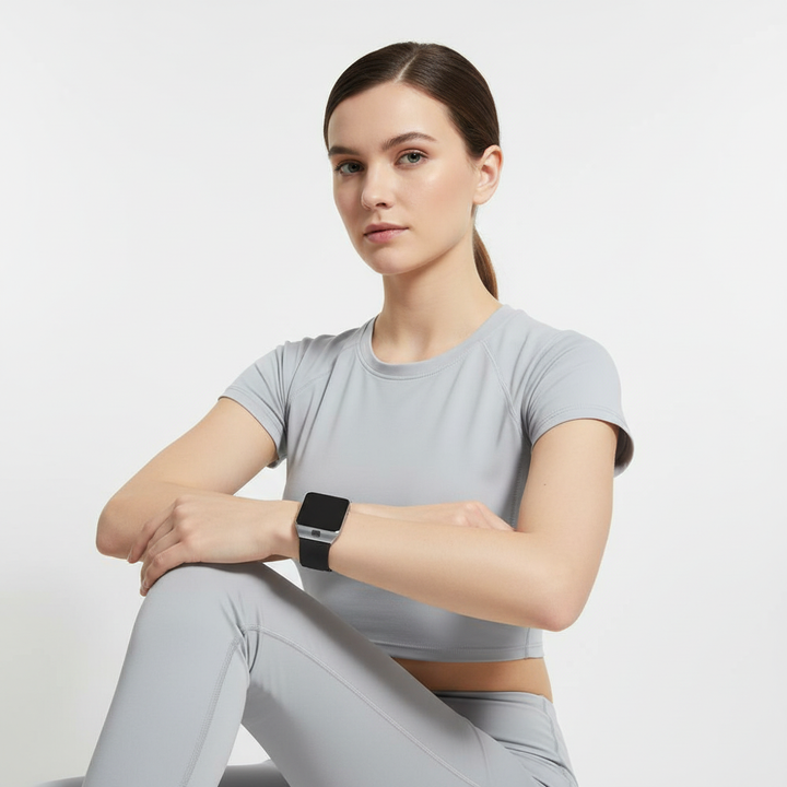 Pulseon modern smartwatch on a wrist, highlighting its clear rectangular display. A comfortable wearable tech.