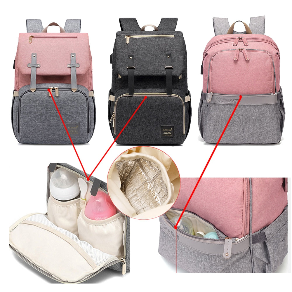 Close-up of the waterproof fabric and USB charging port on a unisex multi-functional stroller diaper backpack.