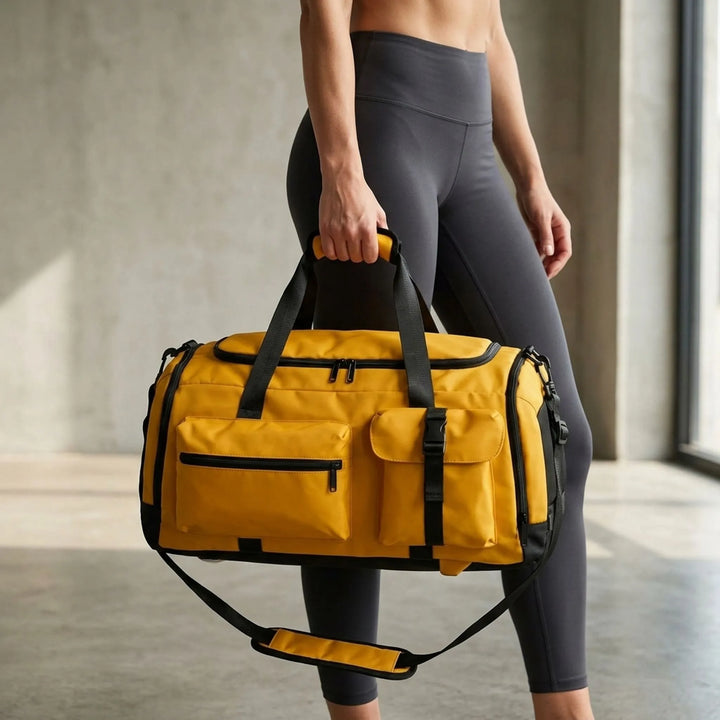 Unisex multi-pocket convertible sports duffel bag in black, perfect as a gym or travel bag.