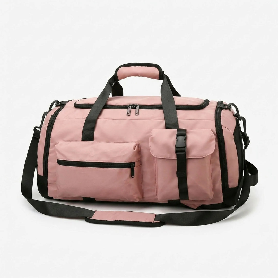 Black multi-pocket sports duffel bag for activewear, easily converts to a travel backpack or gym bag for men & women.