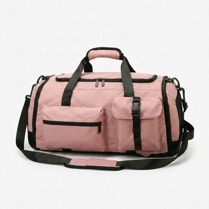 Black multi-pocket sports duffel bag for activewear, easily converts to a travel backpack or gym bag for men & women.