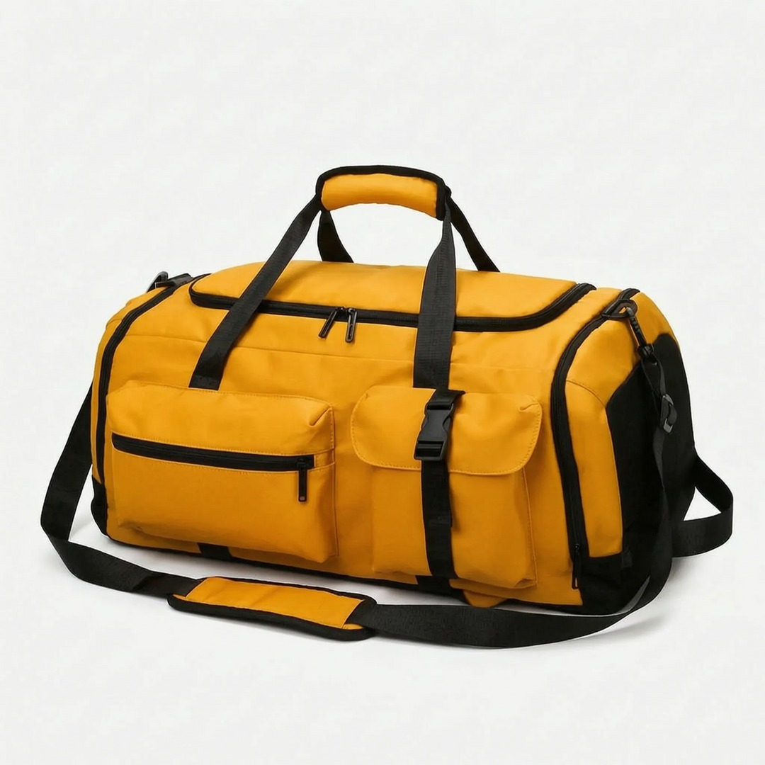 Spacious unisex weekend travel bag & sports duffel, featuring multiple compartments and a convertible backpack design.