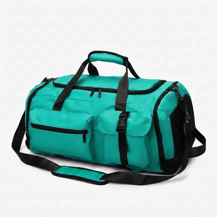 Rugged multi-pocket unisex duffel bag from oxford fabric, converts to a military-style sports backpack for travel.