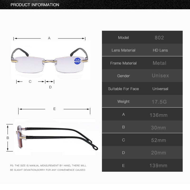 Anti-blue light multifocal reading glasses, perfect for reducing digital eye strain & improving vision.