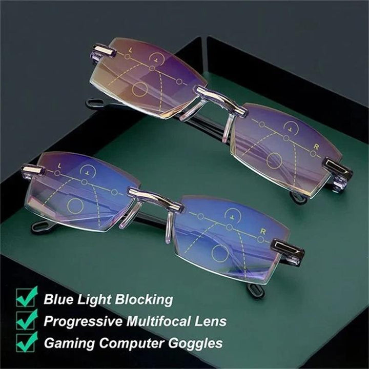 Unisex multifocal reading glasses with blue light filter for digital eye strain protection.