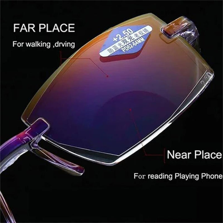 Vision care glasses for presbyopia. Unisex multifocal, anti-blue light for digital screen protection.