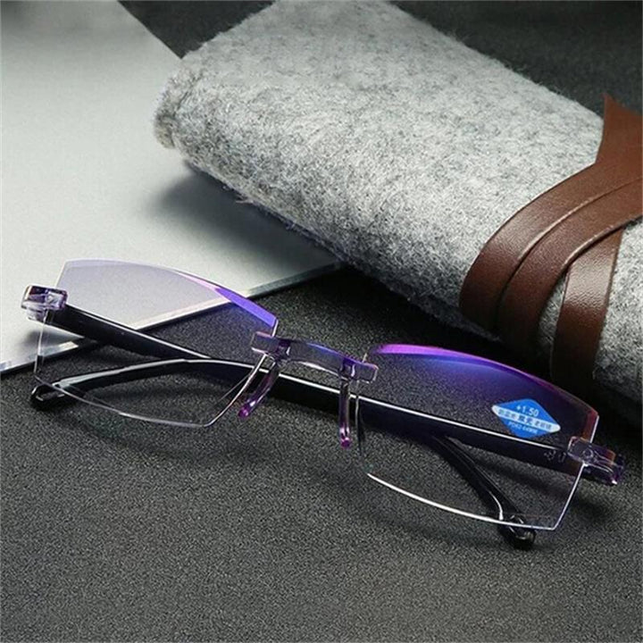 Stylish unisex multifocal reading glasses with blue light filter, designed for digital eye strain relief.