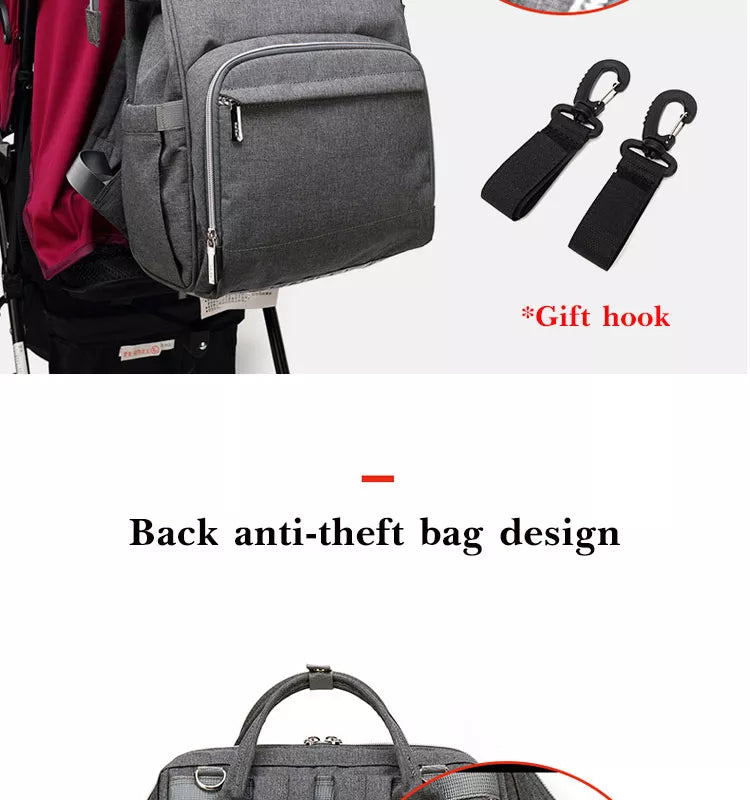 Side view of a unisex multifunction nappy backpack with bottle holders