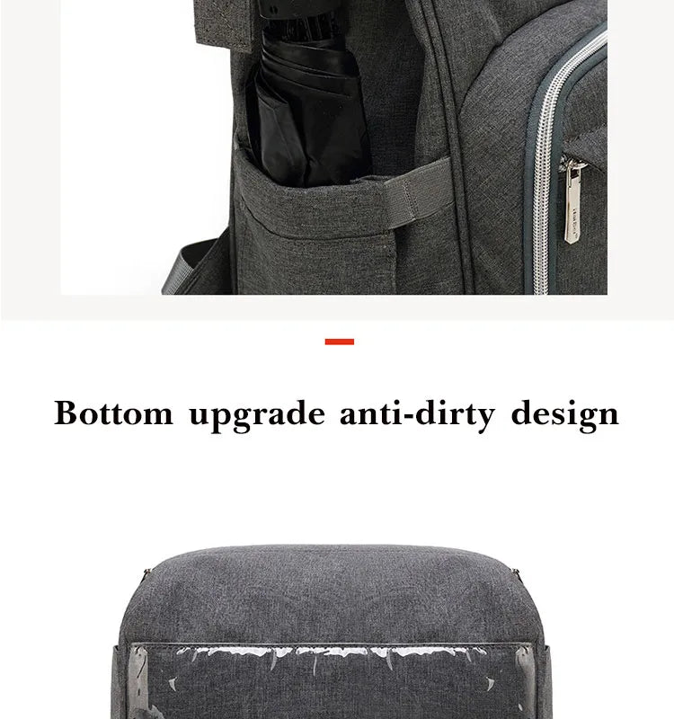 Stack of folded baby clothes inside a unisex multifunction diaper bag, neat storage