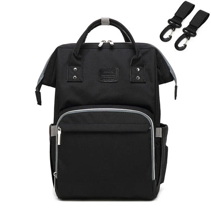 Front view of a black unisex multifunction nappy backpack, sleek and practical design