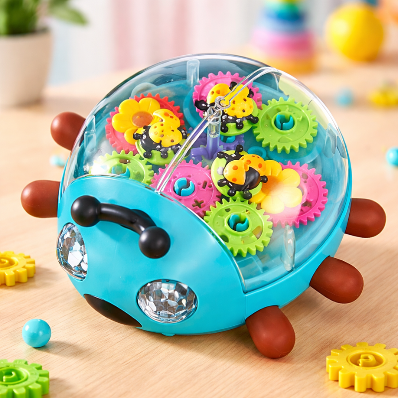 Unisex musical crawling beetle toy engaging infant with lights and sounds, promoting crawling development and sensory exploration.