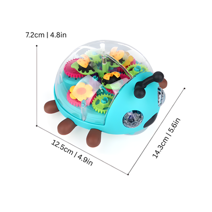 Brightly colored musical crawling beetle toy, ideal for toddlers, with engaging lights and sounds for active play and learning.
