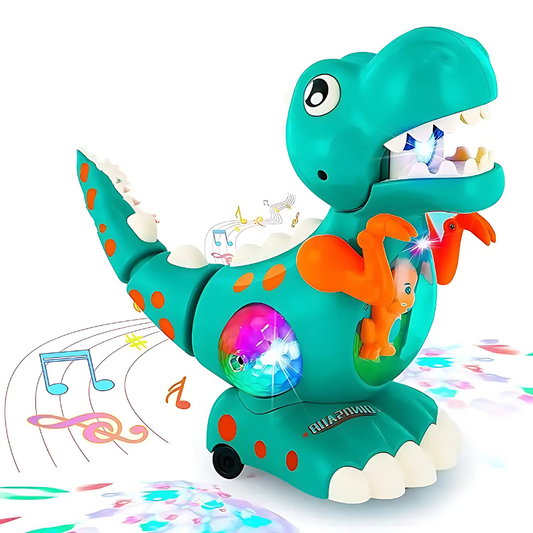 Unisex musical dinosaur crawling toy with vibrant lights for infant development and motor skills.