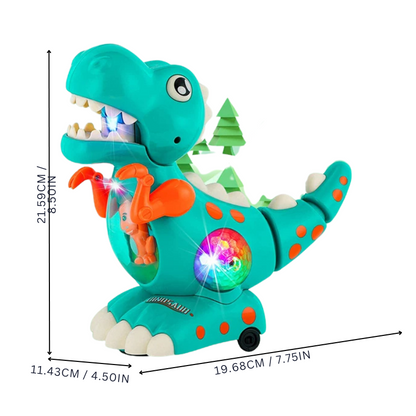 Colorful light-up dinosaur crawling toy, a musical infant toy enhancing baby sensory and motor skills.