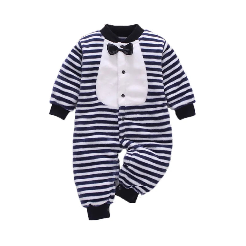 Back view of a plain, cozy unisex newborn baby romper jumpsuit, simple 'Baby Clothes' design