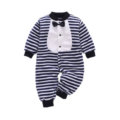 Back view of a plain, cozy unisex newborn baby romper jumpsuit, simple 'Baby Clothes' design