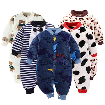 Baby modeling a comfortable, gender-neutral flannel baby romper jumpsuit, 'Cozy Outfit' style