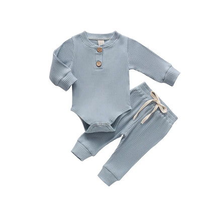 Blue knit newborn romper and matching pants, perfect unisex baby clothing