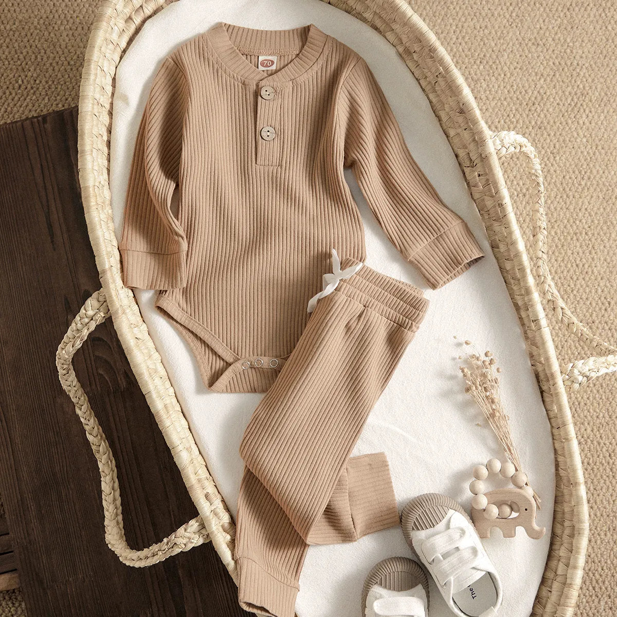 Unisex long sleeve knit romper with footies and matching pants, baby comfort