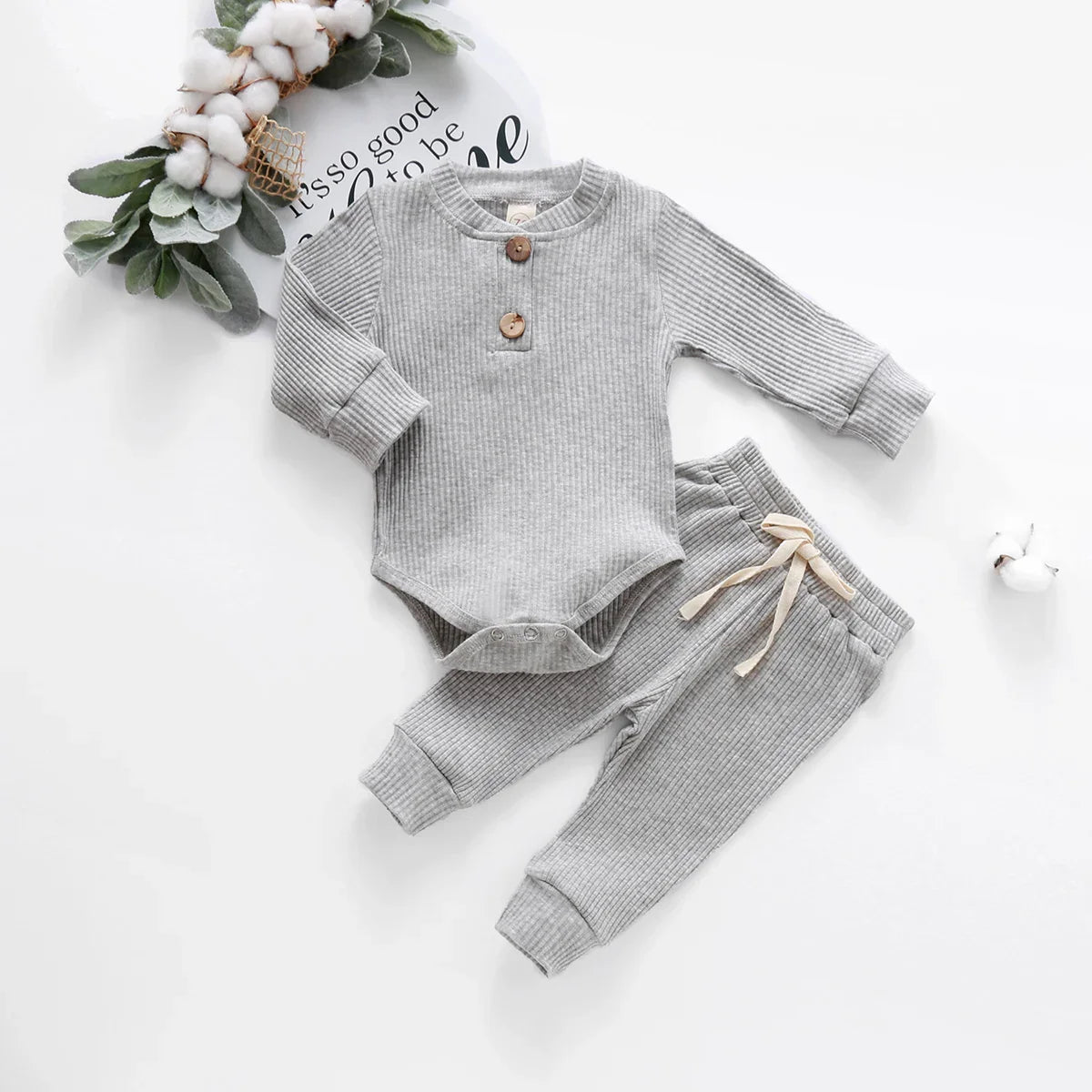 Newborn knit ensemble: romper and elastic waist pants, cozy baby clothes