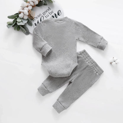 Gift set of unisex newborn knit romper and pants, essential baby wear