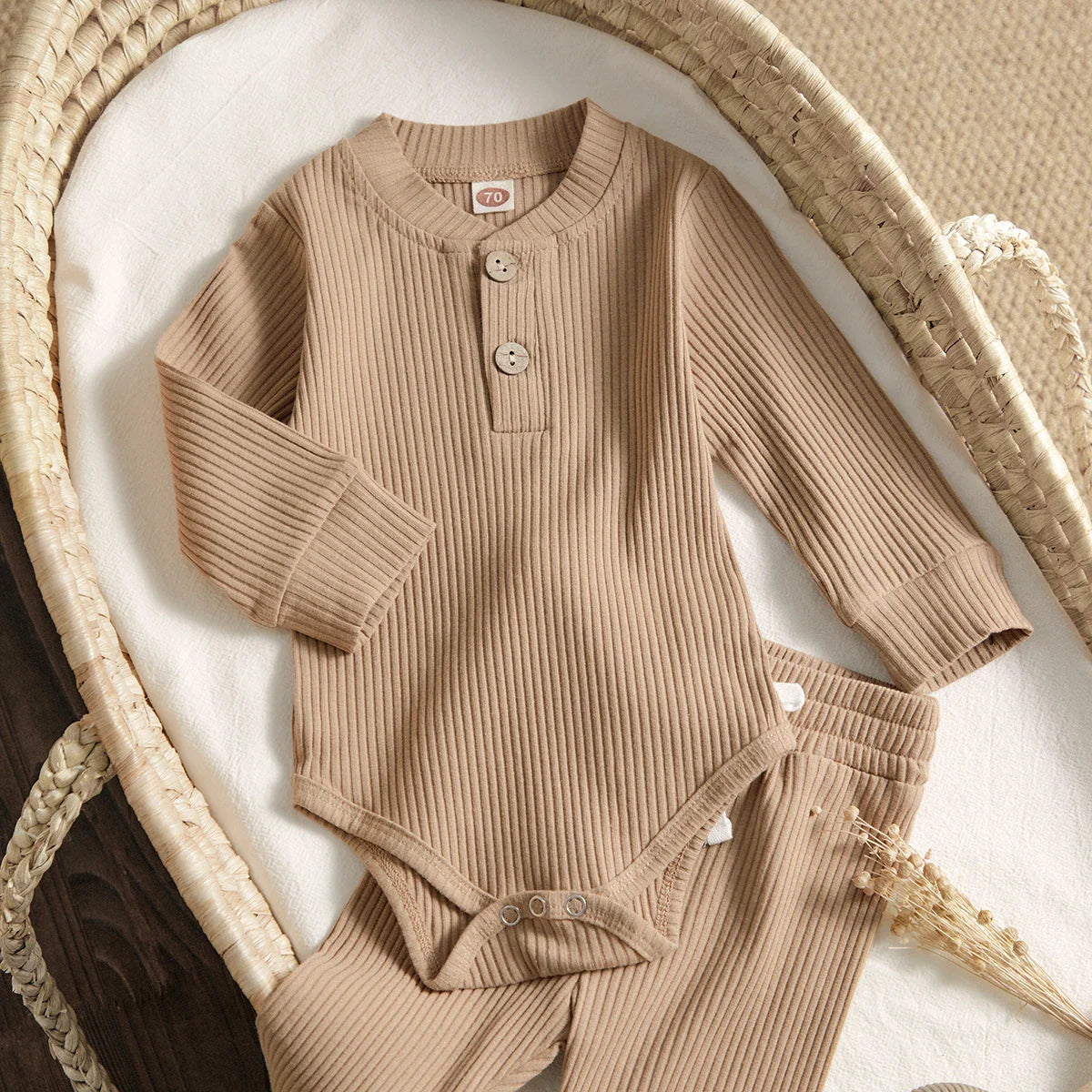 Soft ivory newborn knit romper and matching pants, unisex baby outfit