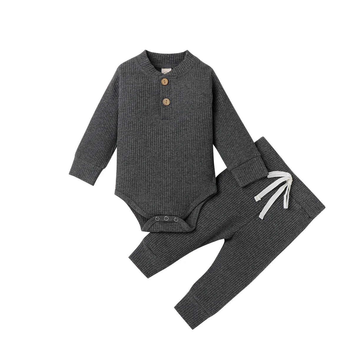 Cream colored knit two-piece set, long sleeve romper and pants for infant