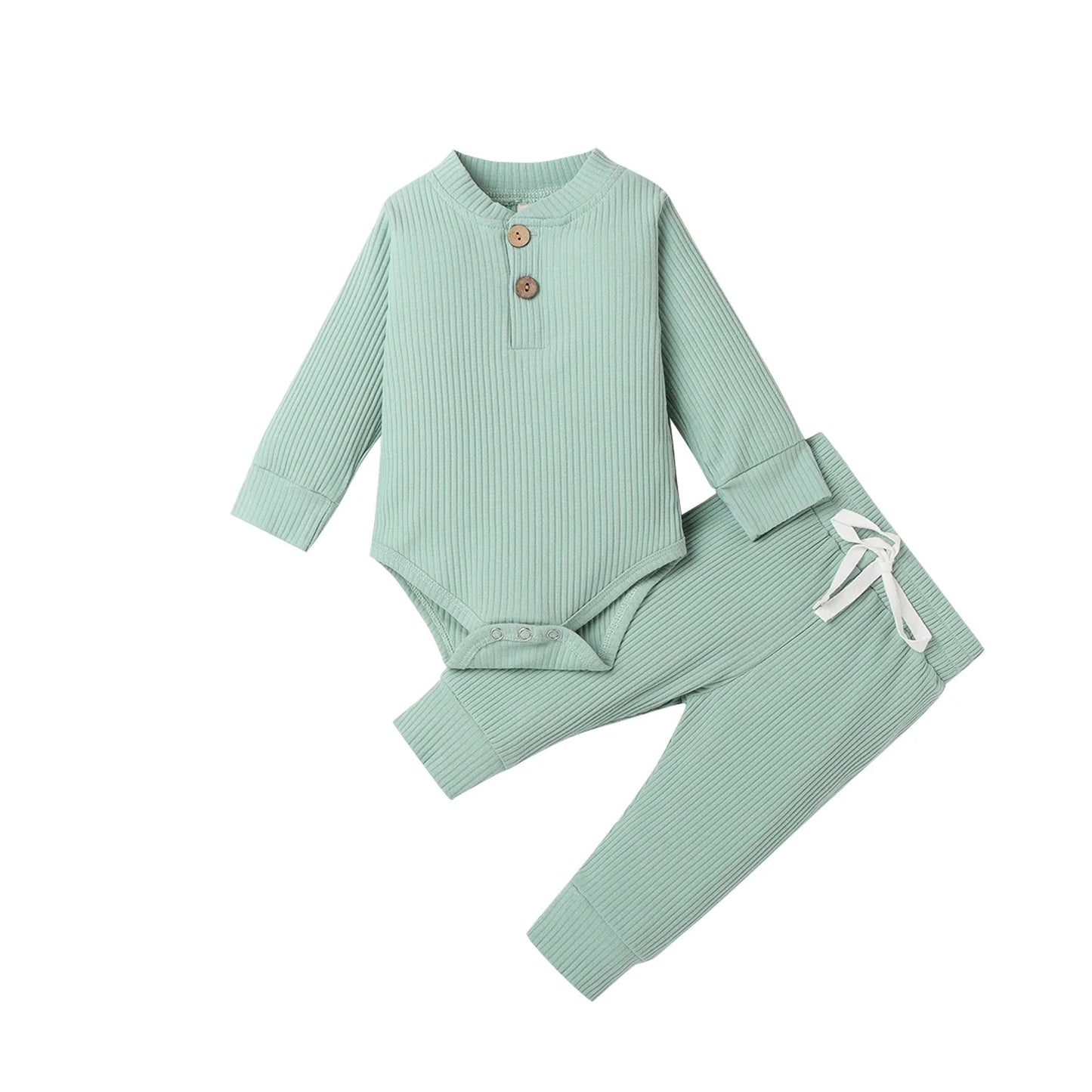Folded unisex newborn knit romper and pants set, neat baby clothes