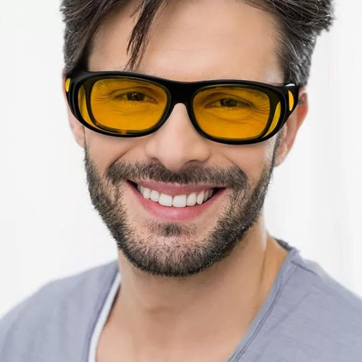 Close-up of anti-glare night driving glasses, offering eye protection and clear vision for drivers.