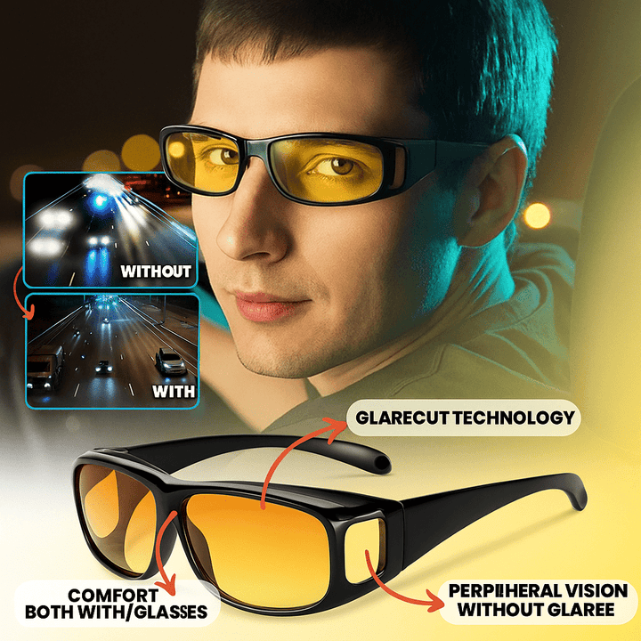 Pair of unisex night driving glasses with yellow-tinted HD lenses for glare reduction and enhanced vision.