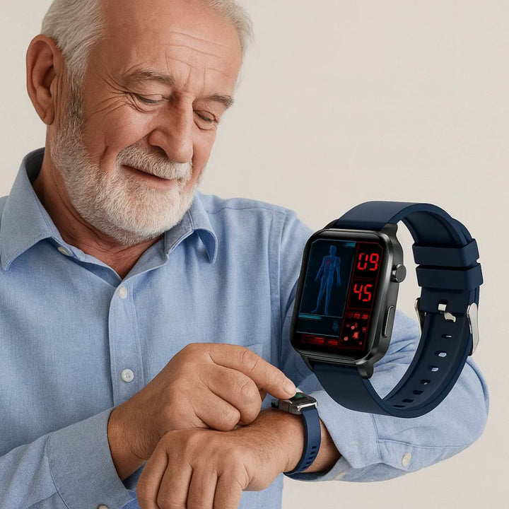 Non-invasive glucose monitor smartwatch for adults, simplifies diabetes tracking & blood sugar management.