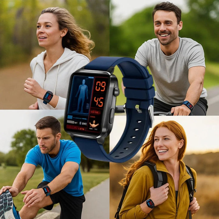 Advanced wearable tech: non-invasive glucose monitoring smartwatch, continuously tracks adult blood sugar.