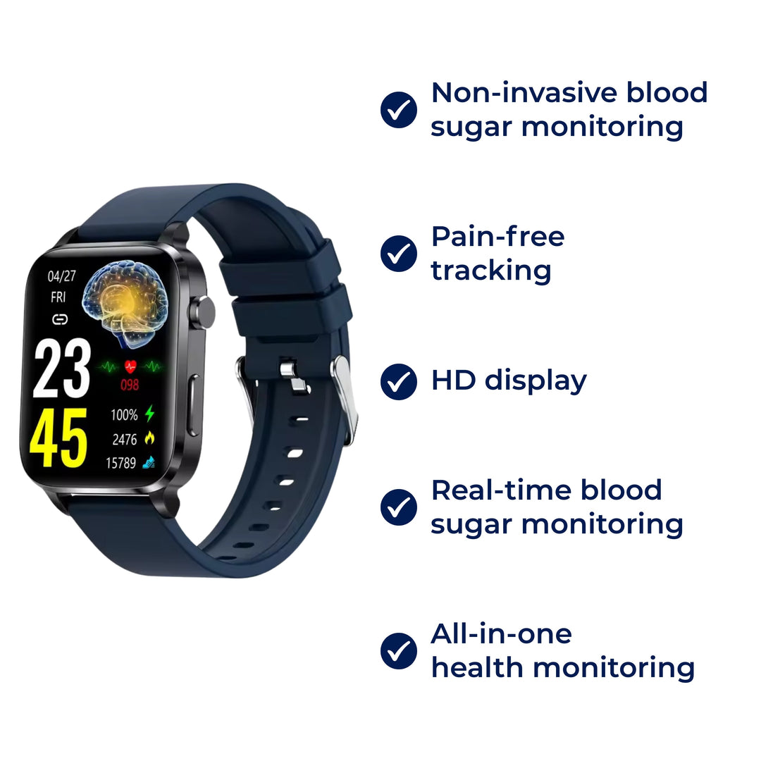 Digital health non-invasive glucose monitor smartwatch, offers convenient adult blood sugar tracking.