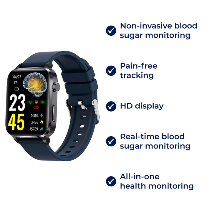 Digital health non-invasive glucose monitor smartwatch, offers convenient adult blood sugar tracking.