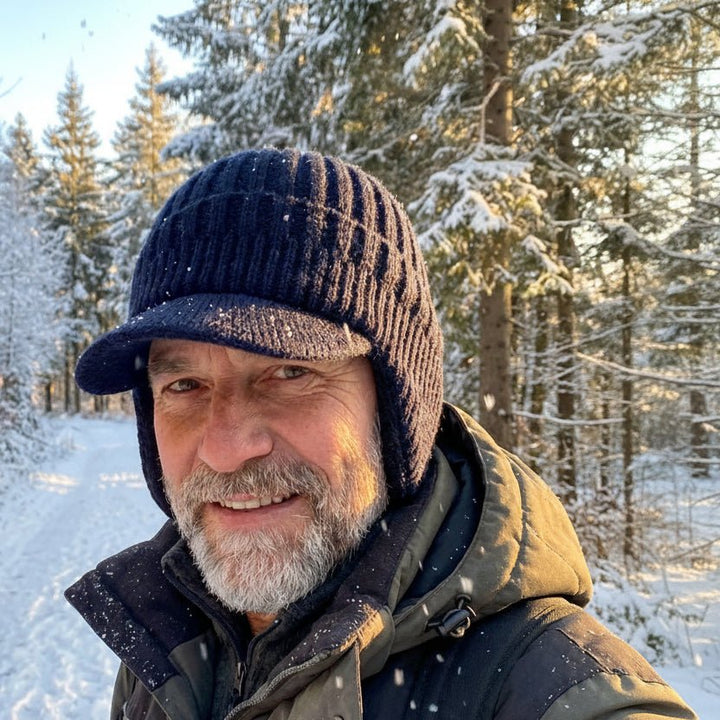 Stylish Nordic winter hat featuring a unique pattern. Warm beanie for men & women, enhancing winter fashion.